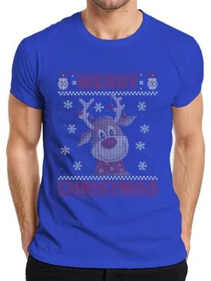 Zdjęcie produktu dla Koszulka męska Merry Christmas Ugly Sweater Reindeer Christmas Gift, Niebieski, L