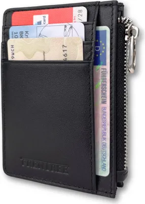 Produktbild von Frentree® Kleine Echtleder Geldbörse für bis zu 10 Karten, Münzfach, RFID Schutz, Reißverschluss-Fach, Schwarz