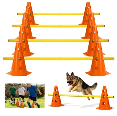 Image de Ensemble d'obstacles d'agilité réglables comprenant 10 cônes et 5 barres, idéal pour les chiens et les activités sportives