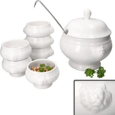 A white ceramic soup tureen set with a ladle and individual bowls, decorated with lion head motifs.
