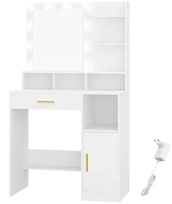 Imagen del producto de Tocador con espejo – Mesa de maquillaje para dormitorio – 10 luces LED – 3 estantes y 4 compartimentos abiertos – 2 cajones – Blanco