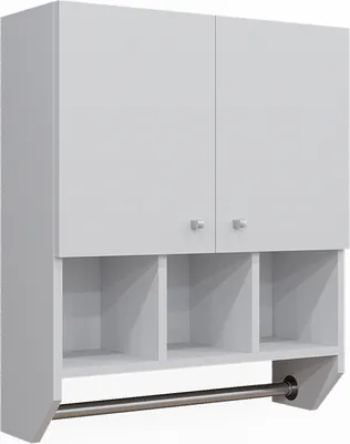 A white wall-mounted cabinet with two doors and three open shelves below, featuring a metal towel bar.