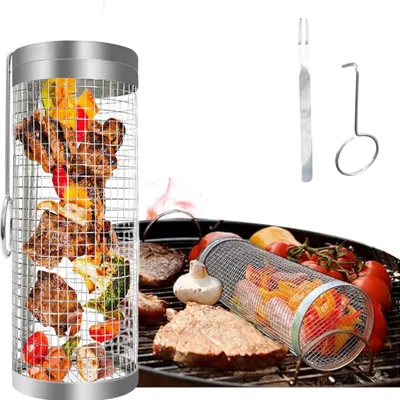 Produktbild von 1Stück Rolling Grillkorb,Edelstahl Rollender Grillkorb,BBQ Grillzubehör für Camping,für Außengrill Gemüse,Grillhalter für Pommes,Fleisch,Fisch,Garnele