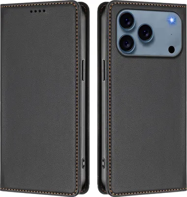 Image de Étui en cuir pour iPhone 17 Pro, étui à rabat magnétique en cuirPolyuréthaneavec support, noir