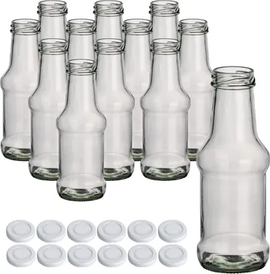 Produktbild von gouveo 12er Set Glasflasche 250 ml Barbecue mit Schraubdeckel TO38 weiss - Kleine Glasflasche 0,25 l mit Schraubverschluss - Saftflasche