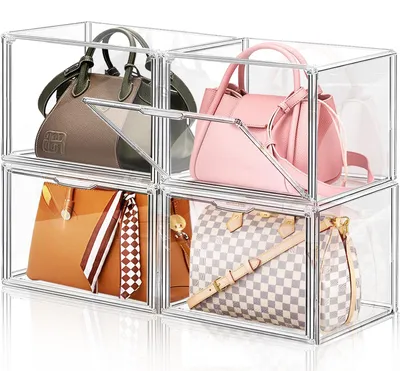 Produktbild von 4 transparente Aufbewahrungsboxen aus Kunststoff für Handtaschen, Acryl-Handtaschen-Präsentationsbox, stapelbare Aufbewahrungsboxen, Taschenorganizer mit
