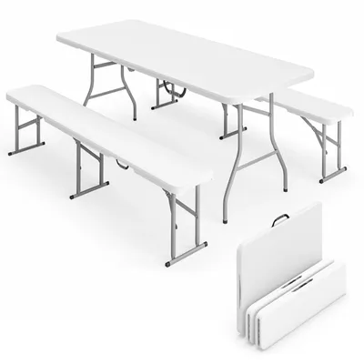 Image de Ensemble de mobilier de camping - Table pliante avec bancs - 3 pièces - Structure en métal - Portable - Blanc
