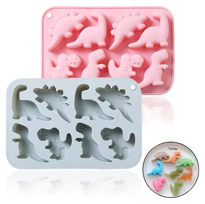 Image de Moules en silicone dinosaures, pour chocolat, bonbons, glaçons, lot de 2, bleu et rose