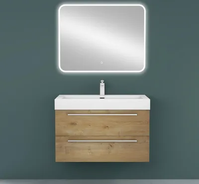 Produktbild von Mai & Mai Badmöbelset Komplett Set Waschbeckenunterschrank 90cm Unterschrank mit Waschschbecken aus Mineralguss und LED-Badspiegel Quadratto