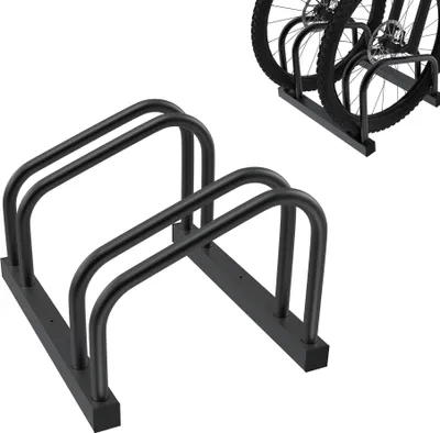 Productafbeelding van JOIEYOU fietsenrek voor 2 fietsen, fietsenhouder, opstelling standaard, geschikt voor montage op vloer en wand. Geschikt voor bandbreedtes van 30-65 mm. Verzinkt, geschikt voor mountainbikes, racefietsen en MTB's, kleur: zwart