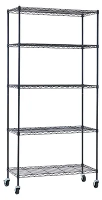 Produktbild von Gitterregal HADES mit Rollen & 5 Gitterböden | HxBxT 180x90x40cm | Fachlast 75kg | Metall | Schwarz | Drahtregal Metallregal Schmal Küchenregal Aufbewahrungsregal