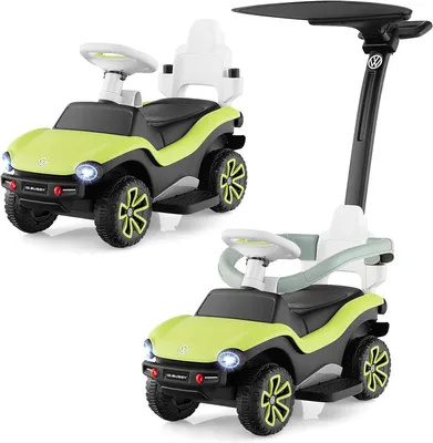 COSTWAY 3-in-1 Volkswagen Glijauto, Schuifauto Met Verstelbare Duwstang En Zonnedak Glijvoertuig Met Muziek Claxon En Licht Speelgoedauto Voor Kinderen Vanaf 1 Jaar