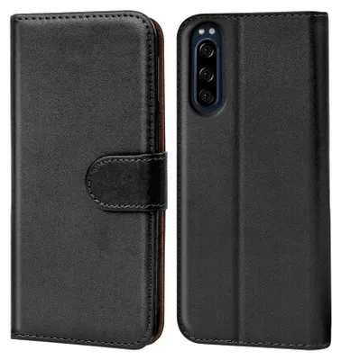 A black flip case for a smartphone, shown from the front and back.