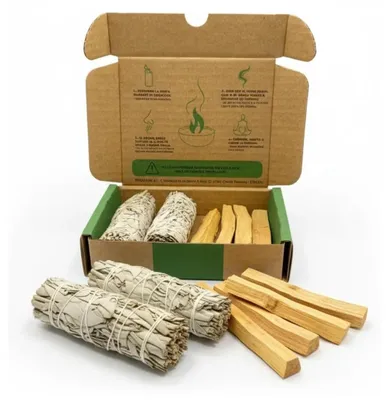 Produktbild von Weißer Salbei Räucherset Palo Santo Räucherstäbchen - 2 Bündel Salbei und 4 Stäbchen - Raumreinigung und Entspannung