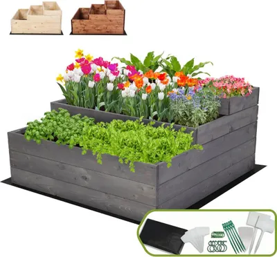 Produktbild von MODO24 Hochbeet Holz, Pflanzkasten, Massivholz, Kiefer, Kräuterbeet, Blumenkasten, Garten, Terrasse, 45x90x93 cm, Grau, ZP07