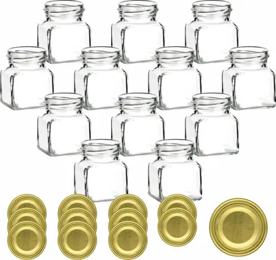 Immagine prodotto di set di 12 barattoli da conserva 120 ml tappo a vite quadrato color oro - Barattolo piccolo con coperchio per spezie, marmellata