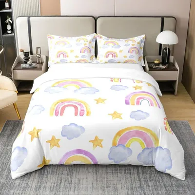 Zdjęcie produktu dla Komplet pościeli 155x220 cm, motyw: akwarela, tęcza, chmury, gwiazdy, wielokolorowy, 100% bawełna, z zamkiem