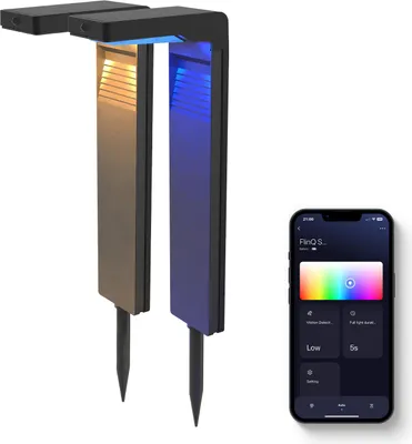 Produktbild von FlinQ Gaia - Smart Solar Gartenlampe - Solar Gartenbeleuchtung - Sonnenenergie - Weißes und buntes Licht - Bewegungsmelder - 2er Set - Schwarz