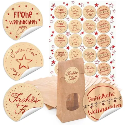 Produktbild von Blockbodenbeutel braun klein mit Sichtfenster und Weihnachtsaufklebern zum BeschriftenWeihnachtsgrüße Rot, Beige, Weiß / 24 Stück
