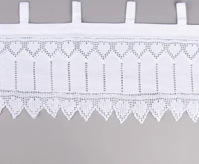 Produktbild von Häkelspitze Häkelgardine Panneaux Herzchen Meterware mit Schlaufen weiß 25cm Höhe