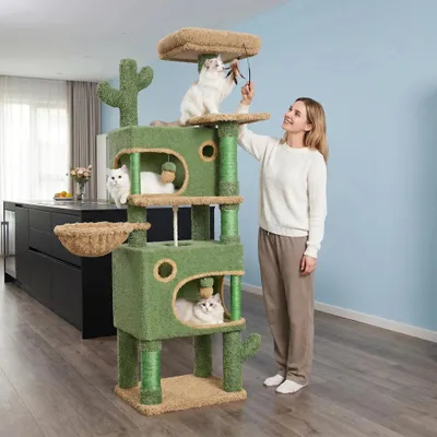 Produktbild von Fobyfurny Kaktuskratzbaum, 165 cm hoher Kratzbaum mit 6 Kratzplacken, 2 Plattformen, 2 Höhlen, Korb, Plüschbällchen, Sisalseil, geeignet für Katzen