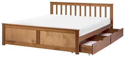 Produktbild von BELIANI Doppelbett Braun Kiefernholz mit Lattenrost 140x200 cm 2 Schubladen Fußteil Hohes Kopfteil Schlicht Modern Skandi Design Schlafzimmer Holzbett