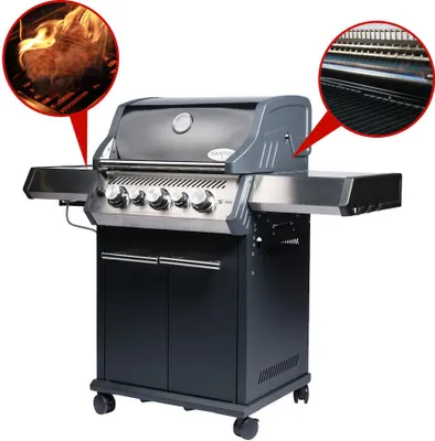 Produktbild von SANTOS S-318 Gasgrill Schwarz mit 3 Hauptbrennern plus Infrarot-Heckbrenner und 800 Grad-Seitenbrenn