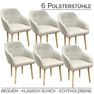 Produktbild von Stühle Esszimmerstühle Armlehnstuhl Polsterstuhl Stoff Sessel mit Armlehne Echtholz Stuhlbeine in 2er, 4er, 6er, 8er Set, in verschiedenen Farben Kingpower , Auswahl:6 Sessel - beige