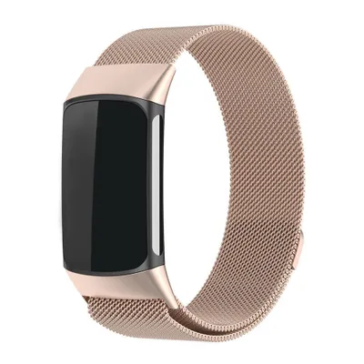 A rose gold mesh Milanese loop watch band attached to a black fitness tracker.