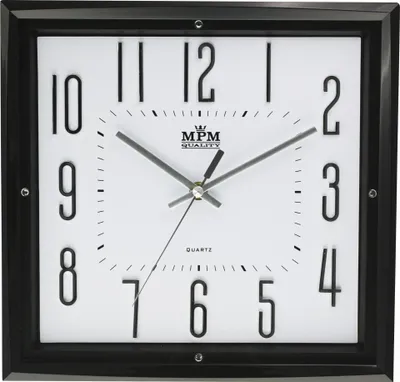 Obrázek produktu pro MPM-Quality Leiden – Nástěnné pravoúhlé hodiny plastové, tichý plynulý chod, černo-bílé, 29×26 cm, arabské číslice, quartz strojek