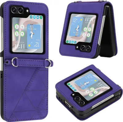 Produktbild von Hülle für Samsung Galaxy Z Flip 5 Prägung Flip Leder Kartenfächer Schutzhülle mit Ständer Lila