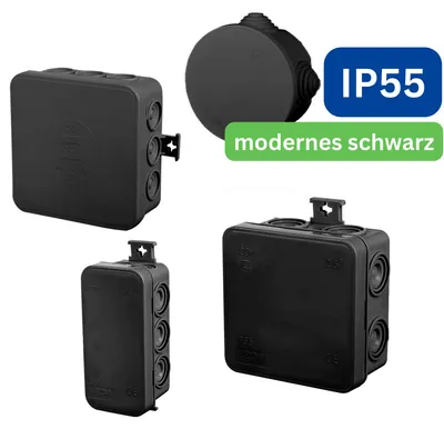 moderne schwarze Abzweigdose, Verteilerdose, Klemmdose / IP 55, feuchtraumgeeignet / halogenfrei / 4, 7, 10 oder 12 Kabeleinführungsmöglichkeiten / rund oder eckig