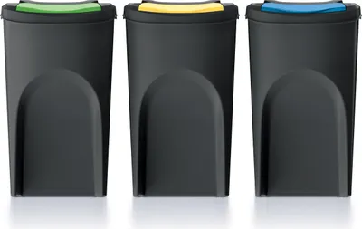 Three black trash bins with different colored lids (green, yellow, blue) are shown side-by-side against a white background.