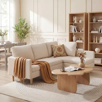 Immagine prodotto di Divano angolare BEALIFE con funzione letto 200x130x65 cm | 4 posti con schienale per soggiorno | Beige/grigio | AR104