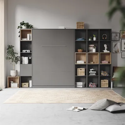 Produktbild von SMARTBett WOHNWAND Schrankbett 140x200 Vertikal mit Regalen Anthrazit/Wildeiche