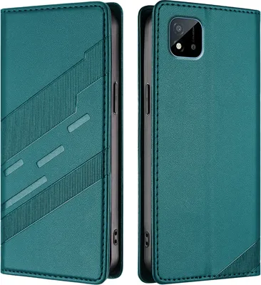 A teal flip-style phone case is shown from the front and back.
