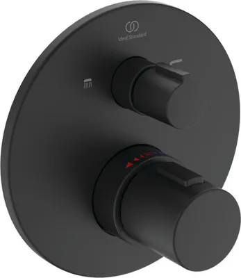 A black thermostatic shower mixer valve with two knobs.