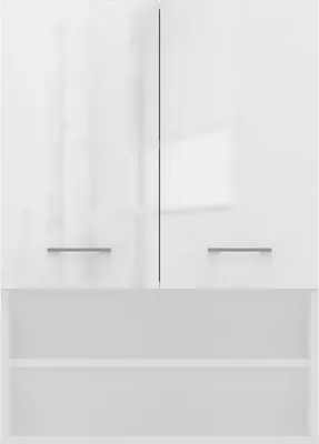 A front view of a white cabinet with two doors and two open shelves below.