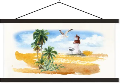 Produktbild von MuchoWow® Textilposter Leuchtturm - Palme - Vogel - Strand 60x30 cm mit schwarzem Rahmen - Textilien