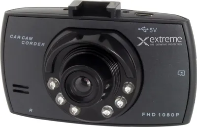 A black car camcorder is shown against a white background.