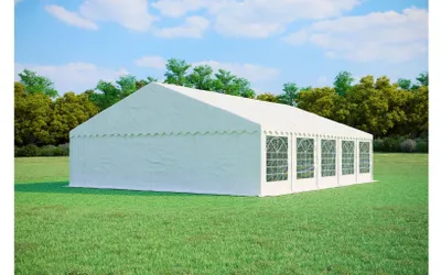 Obrázok produktu pre Párty stan 8x10 m PREMIUM – PVC 500 g/m² s protipožiarnou úpravou, spodný rám + strešné výstuhy, až 160 osôb - Biela