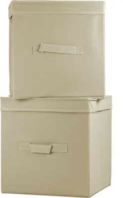 Two beige storage boxes stacked on top of each other against a white background.