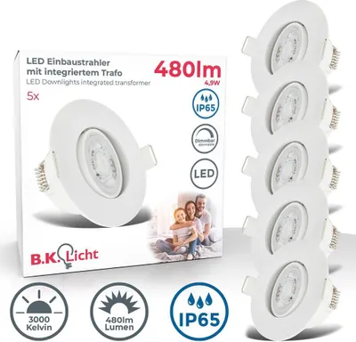 A product shot of LED downlights with accompanying marketing graphics and text.