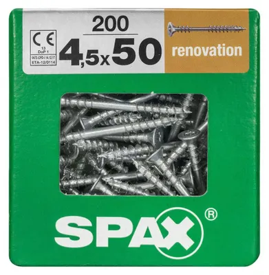 Produktbild von Packung mit 200 Spax Torx-Senkkopfschrauben aus Stahl, 4,5 mm Durchmesser x 50 mm Länge