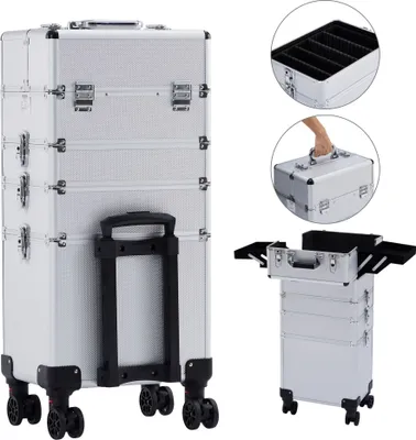 Produktbild von Kosmetický kufřík AREBOS 4 v 1, 4 přihrádky a 1 zásuvka, teleskopická a přenosná rukojeť, 8 zámků, 4 x 360° kolečka, sametová podšívka, stříbrná barva