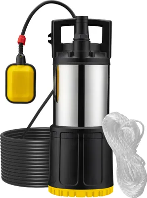 Produktbild von Wiltec Tauchpumpe mit Schwimmerschalter 1000 W, Tiefbrunnenpumpe bis 7 m Tiefe, Brunnenpumpe 30 m Förderhöhe, Wasserpumpe für Klarwasser