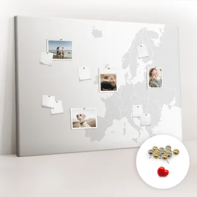 Imagen del producto de Tablero de corcho con chinchetas – Tablero con chinchetas para fotografías y notas – 140x100 cm – 100 chinchetas metálicas – Mapa de Europa