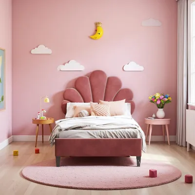 Obrázok produktu pre Postel INONEFT, čalúnená, detská, 90x200 cm, jednolôžková, pre dievčatá, s čalúneným čelom v tvare kvetu a roštom, poťah z velúru, farba: vínová