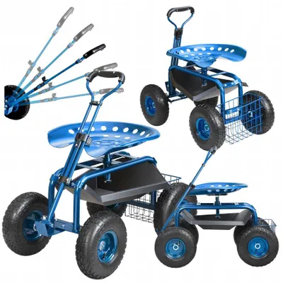 Produktbild von 360° drehbarer Gartenwagen mit Sitzhocker, Rädern und Korb