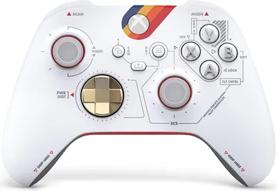 A white Xbox controller with a retro-futuristic design, featuring schematic-like graphics and colorful accents.